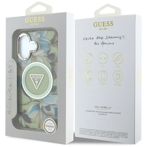 Etui Guess Glitter Flowers Triangle Buttons MagSafe do iPhone 16 zielony Etui Guess Glitter Flowers Triangle Buttons MagSafe do iPhone 16 zielony