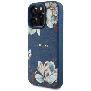 Etui Guess Grained Printed Flower Pattern MagSafe do iPhone 16 Pro Max niebieski