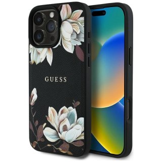 Etui Guess Grained Printed Flower Pattern MagSafe do iPhone 16 Pro czarny