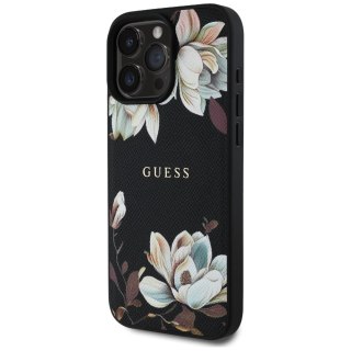 Etui Guess Grained Printed Flower Pattern MagSafe do iPhone 16 Pro czarny