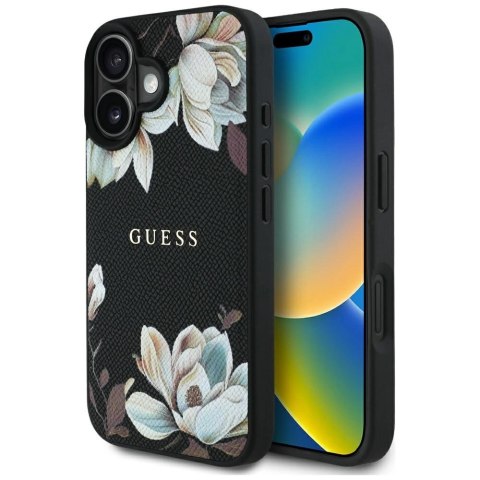 Etui Guess Grained Printed Flower Pattern MagSafe do iPhone 16 czarny Etui Guess Grained Printed Flower Pattern MagSafe do iPhone 16 czarny