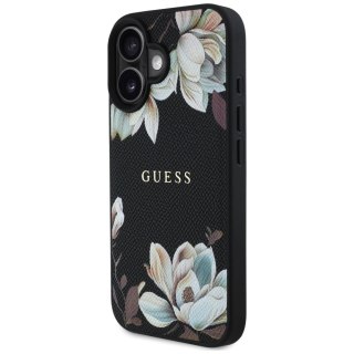 Etui Guess Grained Printed Flower Pattern MagSafe do iPhone 16 czarny