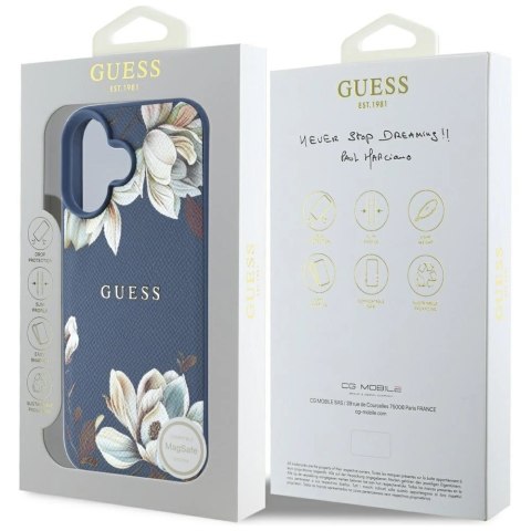 Etui Guess Grained Printed Flower Pattern MagSafe do iPhone 16 niebieski Etui Guess Grained Printed Flower Pattern MagSafe do iPhone 16 niebieski