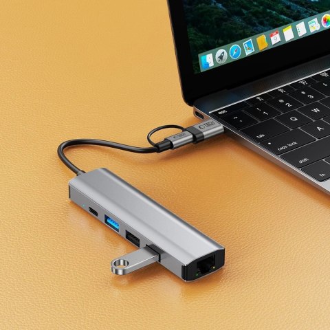 Adapter Tech-Protect HB03 HUB Adapter 5w1 USB-C + USB2.0 + USB3.0 + RJ45 - szary Adapter Tech-Protect HB03 HUB Adapter 5w1 USB-C + USB2.0 + USB3.0 + RJ45 - szary