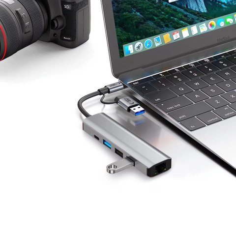 Adapter Tech-Protect HB03 HUB Adapter 5w1 USB-C + USB2.0 + USB3.0 + RJ45 - szary Adapter Tech-Protect HB03 HUB Adapter 5w1 USB-C + USB2.0 + USB3.0 + RJ45 - szary