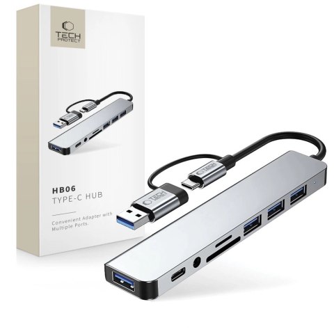Adapter Tech-Protect HB06 HUB Adapter 8w1 TYP-C + USB2.0 + USB3.0 + SD/TF + AV3.5 - szary Adapter Tech-Protect HB06 HUB Adapter 8w1 TYP-C + USB2.0 + USB3.0 + SD/TF + AV3.5 - szary