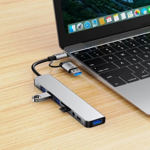 Adapter Tech-Protect HB06 HUB Adapter 8w1 TYP-C + USB2.0 + USB3.0 + SD/TF + AV3.5 - szary Adapter Tech-Protect HB06 HUB Adapter 8w1 TYP-C + USB2.0 + USB3.0 + SD/TF + AV3.5 - szary