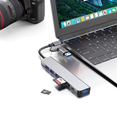 Adapter Tech-Protect HB06 HUB Adapter 8w1 TYP-C + USB2.0 + USB3.0 + SD/TF + AV3.5 - szary Adapter Tech-Protect HB06 HUB Adapter 8w1 TYP-C + USB2.0 + USB3.0 + SD/TF + AV3.5 - szary