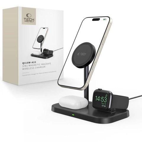 Ładowarka Tech-Protect QI15W-A22 indukcyjna MagSafe ze stojakiem 3w1 MagSafe na smartfon / Apple Watch / AirPods - czarna Ładowarka Tech-Protect QI15W-A22 indukcyjna MagSafe ze stojakiem 3w1 MagSafe na smartfon / Apple Watch / AirPods - czarna