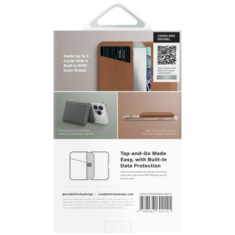 Portfel magnetyczny RFID UNIQ Lyden DS ze stojakiem na telefon - brązowy