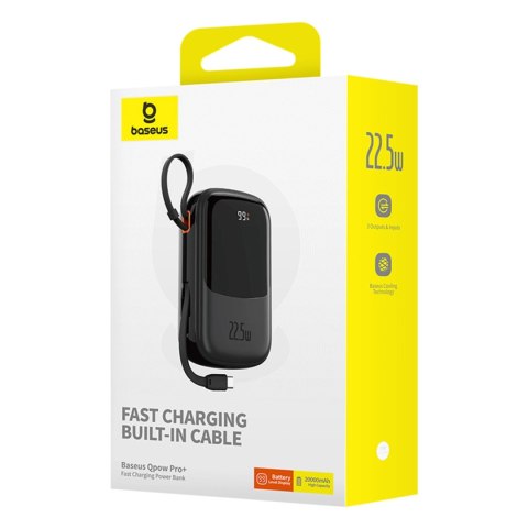 Powerbank Baseus Qpow Pro+ 20000mAh 22.5W z wbudowanym kablem USB-C i wyświetlaczem - czarny Powerbank Baseus Qpow Pro+ 20000mAh 22.5W z wbudowanym kablem USB-C i wyświetlaczem - czarny