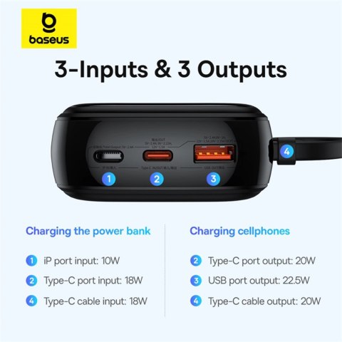 Powerbank Baseus Qpow Pro+ 20000mAh 22.5W z wbudowanym kablem USB-C i wyświetlaczem - czarny Powerbank Baseus Qpow Pro+ 20000mAh 22.5W z wbudowanym kablem USB-C i wyświetlaczem - czarny