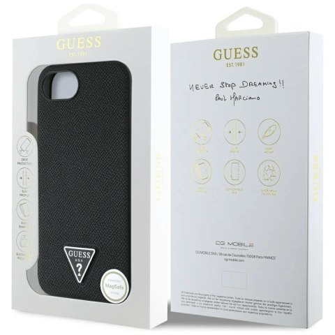 Etui Guess Grained Triangle MagSafe na iPhone 16e - czarne Etui Guess Grained Triangle MagSafe na iPhone 16e - czarne