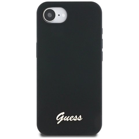 Etui Guess Silicone Script Metal Logo MagSafe na iPhone 16e - czarne Etui Guess Silicone Script Metal Logo MagSafe na iPhone 16e - czarne
