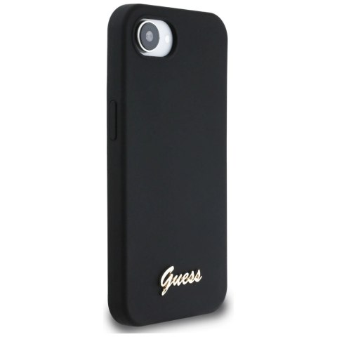 Etui Guess Silicone Script Metal Logo MagSafe na iPhone 16e - czarne Etui Guess Silicone Script Metal Logo MagSafe na iPhone 16e - czarne
