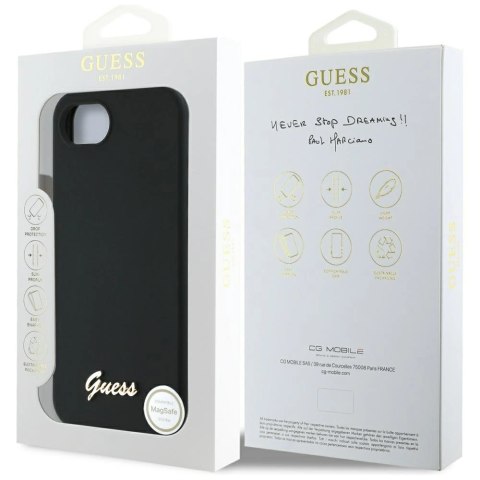 Etui Guess Silicone Script Metal Logo MagSafe na iPhone 16e - czarne Etui Guess Silicone Script Metal Logo MagSafe na iPhone 16e - czarne