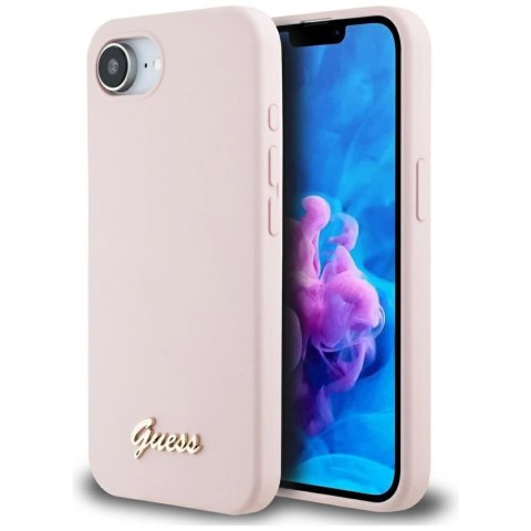 Etui Guess Silicone Script Metal Logo MagSafe na iPhone 16e - różowe Etui Guess Silicone Script Metal Logo MagSafe na iPhone 16e - różowe