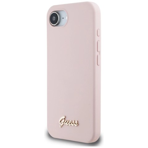 Etui Guess Silicone Script Metal Logo MagSafe na iPhone 16e - różowe Etui Guess Silicone Script Metal Logo MagSafe na iPhone 16e - różowe