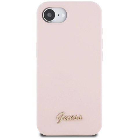 Etui Guess Silicone Script Metal Logo MagSafe na iPhone 16e - różowe Etui Guess Silicone Script Metal Logo MagSafe na iPhone 16e - różowe