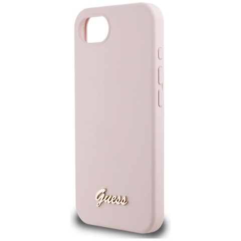 Etui Guess Silicone Script Metal Logo MagSafe na iPhone 16e - różowe Etui Guess Silicone Script Metal Logo MagSafe na iPhone 16e - różowe
