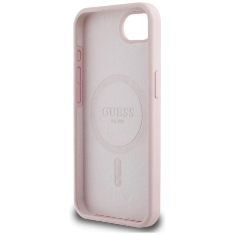 Etui Guess Silicone Script Metal Logo MagSafe na iPhone 16e - różowe Etui Guess Silicone Script Metal Logo MagSafe na iPhone 16e - różowe