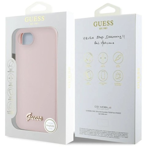 Etui Guess Silicone Script Metal Logo MagSafe na iPhone 16e - różowe Etui Guess Silicone Script Metal Logo MagSafe na iPhone 16e - różowe