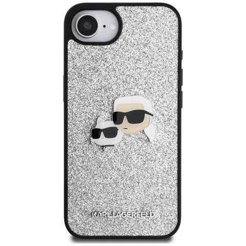 Etui Karl Lagerfeld Fixed Glitter Ikonik Metal Pin na iPhone 16e - srebrne Etui Karl Lagerfeld Fixed Glitter Ikonik Metal Pin na iPhone 16e - srebrne