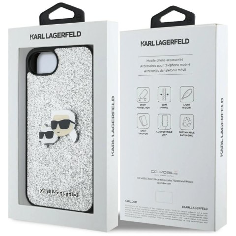 Etui Karl Lagerfeld Fixed Glitter Ikonik Metal Pin na iPhone 16e - srebrne Etui Karl Lagerfeld Fixed Glitter Ikonik Metal Pin na iPhone 16e - srebrne