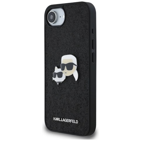 Etui Karl Lagerfeld Fixed Glitter Karl&Choupette Heads Metal Pin na iPhone 16e - czarne Etui Karl Lagerfeld Fixed Glitter Karl&Choupette Heads Metal Pin na iPhone 16e - czarne