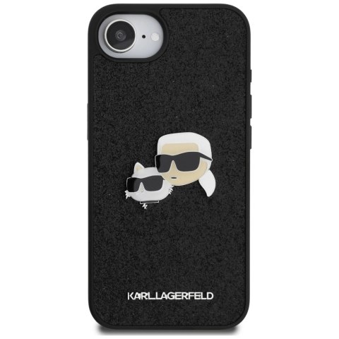 Etui Karl Lagerfeld Fixed Glitter Karl&Choupette Heads Metal Pin na iPhone 16e - czarne Etui Karl Lagerfeld Fixed Glitter Karl&Choupette Heads Metal Pin na iPhone 16e - czarne
