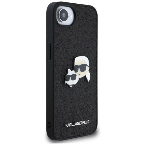 Etui Karl Lagerfeld Fixed Glitter Karl&Choupette Heads Metal Pin na iPhone 16e - czarne Etui Karl Lagerfeld Fixed Glitter Karl&Choupette Heads Metal Pin na iPhone 16e - czarne