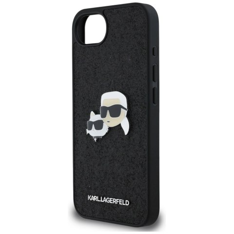 Etui Karl Lagerfeld Fixed Glitter Karl&Choupette Heads Metal Pin na iPhone 16e - czarne Etui Karl Lagerfeld Fixed Glitter Karl&Choupette Heads Metal Pin na iPhone 16e - czarne