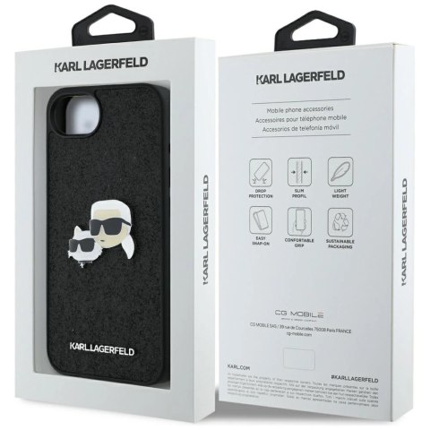 Etui Karl Lagerfeld Fixed Glitter Karl&Choupette Heads Metal Pin na iPhone 16e - czarne Etui Karl Lagerfeld Fixed Glitter Karl&Choupette Heads Metal Pin na iPhone 16e - czarne