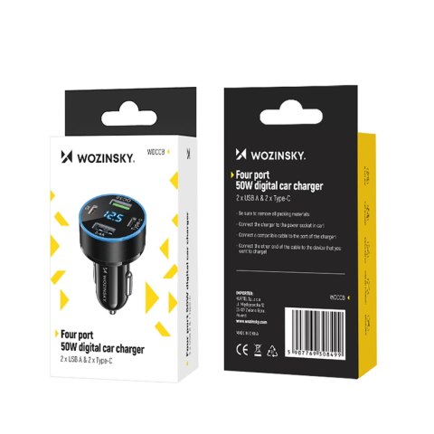 Ładowarka samochodowa Wozinsky WDCCB z wyświetlaczem 50W 2xUSB-C / 2xUSB-A - czarna Ładowarka samochodowa Wozinsky WDCCB z wyświetlaczem 50W 2xUSB-C / 2xUSB-A - czarna