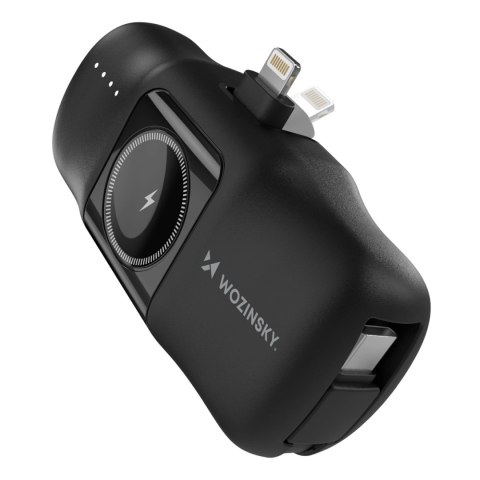Mini powerbank Wozinsky WF16-YLS 5000mAh 15W Lightning z wbudowanym kablem USB-C i ładowarką do Apple Watch - czarny Mini powerbank Wozinsky WF16-YLS 5000mAh 15W Lightning z wbudowanym kablem USB-C i ładowarką do Apple Watch - czarny