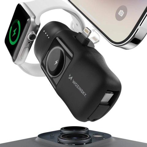 Mini powerbank Wozinsky WF16-YLS 5000mAh 15W Lightning z wbudowanym kablem USB-C i ładowarką do Apple Watch - czarny Mini powerbank Wozinsky WF16-YLS 5000mAh 15W Lightning z wbudowanym kablem USB-C i ładowarką do Apple Watch - czarny