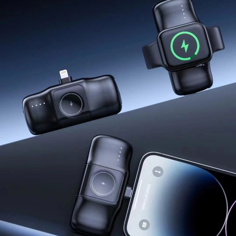 Mini powerbank Wozinsky WF16-YLS 5000mAh 15W Lightning z wbudowanym kablem USB-C i ładowarką do Apple Watch - czarny Mini powerbank Wozinsky WF16-YLS 5000mAh 15W Lightning z wbudowanym kablem USB-C i ładowarką do Apple Watch - czarny