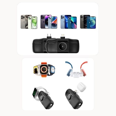 Mini powerbank Wozinsky WF16-YLS 5000mAh 15W Lightning z wbudowanym kablem USB-C i ładowarką do Apple Watch - czarny Mini powerbank Wozinsky WF16-YLS 5000mAh 15W Lightning z wbudowanym kablem USB-C i ładowarką do Apple Watch - czarny