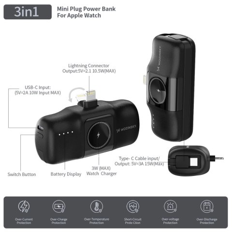 Mini powerbank Wozinsky WF16-YLS 5000mAh 15W Lightning z wbudowanym kablem USB-C i ładowarką do Apple Watch - czarny Mini powerbank Wozinsky WF16-YLS 5000mAh 15W Lightning z wbudowanym kablem USB-C i ładowarką do Apple Watch - czarny