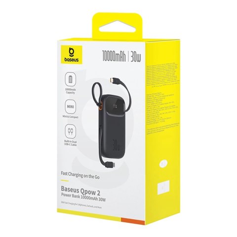 Powerbank Baseus QPow 2 30W 10000mAh z wbudowanymi kablami USB-C - czarny Powerbank Baseus QPow 2 30W 10000mAh z wbudowanymi kablami USB-C - czarny