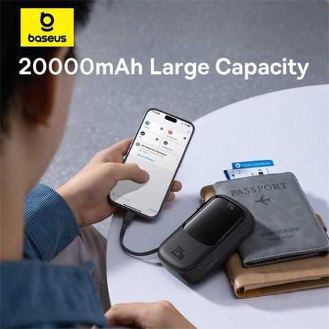 Powerbank Baseus Qpow Pro+ 20000mAh 22.5W z wbudowanym kablem USB-C i wyświetlaczem - czarny Powerbank Baseus Qpow Pro+ 20000mAh 22.5W z wbudowanym kablem USB-C i wyświetlaczem - czarny