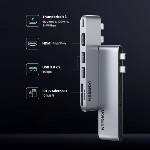 HUB Ugreen CM380 2xUSB C - HDMI/2xUSB 3.0/SDTF/USB C PD - szary HUB Ugreen CM380 2xUSB C - HDMI/2xUSB 3.0/SDTF/USB C PD - szary