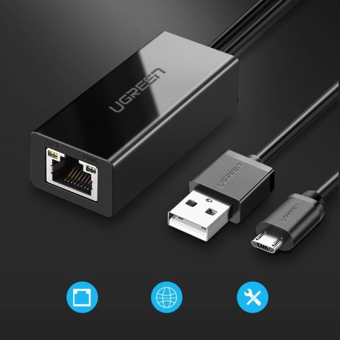 Karta sieciowa Ugreen 30985 zewnętrzna do Chromecast ze złączami micro USB / USB-A 100Mb/s 1m - czarna Karta sieciowa Ugreen 30985 zewnętrzna do Chromecast ze złączami micro USB / USB-A 100Mb/s 1m - czarna
