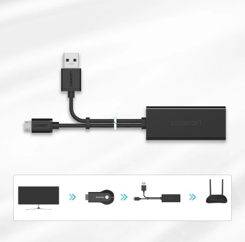 Karta sieciowa Ugreen 30985 zewnętrzna do Chromecast ze złączami micro USB / USB-A 100Mb/s 1m - czarna Karta sieciowa Ugreen 30985 zewnętrzna do Chromecast ze złączami micro USB / USB-A 100Mb/s 1m - czarna