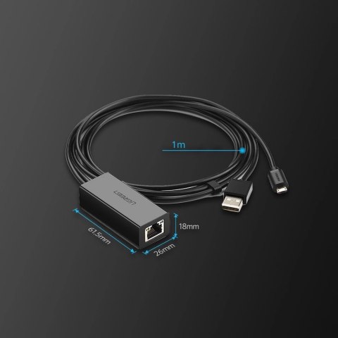 Karta sieciowa Ugreen 30985 zewnętrzna do Chromecast ze złączami micro USB / USB-A 100Mb/s 1m - czarna Karta sieciowa Ugreen 30985 zewnętrzna do Chromecast ze złączami micro USB / USB-A 100Mb/s 1m - czarna