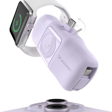 Mini powerbank Wozinsky WF16-YCS 5000mAh 15W USB-C z wbudowanym kablem USB-C i ładowarką do Apple Watch - fioletowy Mini powerbank Wozinsky WF16-YCS 5000mAh 15W USB-C z wbudowanym kablem USB-C i ładowarką do Apple Watch - fioletowy
