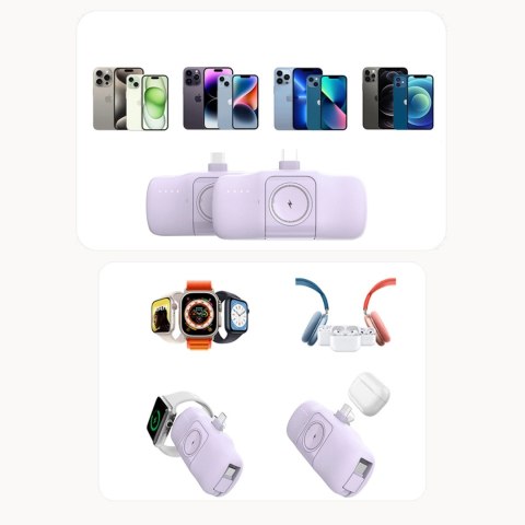 Mini powerbank Wozinsky WF16-YCS 5000mAh 15W USB-C z wbudowanym kablem USB-C i ładowarką do Apple Watch - fioletowy Mini powerbank Wozinsky WF16-YCS 5000mAh 15W USB-C z wbudowanym kablem USB-C i ładowarką do Apple Watch - fioletowy