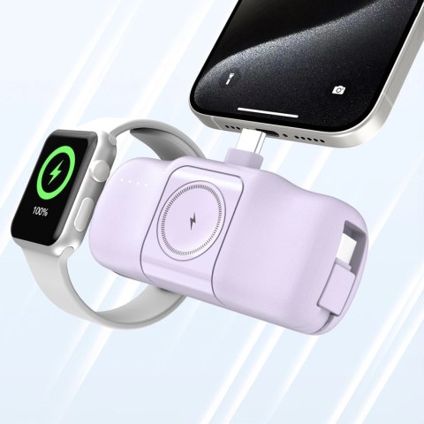 Mini powerbank Wozinsky WF16-YCS 5000mAh 15W USB-C z wbudowanym kablem USB-C i ładowarką do Apple Watch - fioletowy Mini powerbank Wozinsky WF16-YCS 5000mAh 15W USB-C z wbudowanym kablem USB-C i ładowarką do Apple Watch - fioletowy