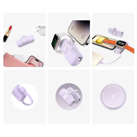 Mini powerbank Wozinsky WF16-YCS 5000mAh 15W USB-C z wbudowanym kablem USB-C i ładowarką do Apple Watch - fioletowy Mini powerbank Wozinsky WF16-YCS 5000mAh 15W USB-C z wbudowanym kablem USB-C i ładowarką do Apple Watch - fioletowy