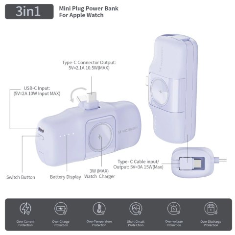 Mini powerbank Wozinsky WF16-YCS 5000mAh 15W USB-C z wbudowanym kablem USB-C i ładowarką do Apple Watch - fioletowy Mini powerbank Wozinsky WF16-YCS 5000mAh 15W USB-C z wbudowanym kablem USB-C i ładowarką do Apple Watch - fioletowy